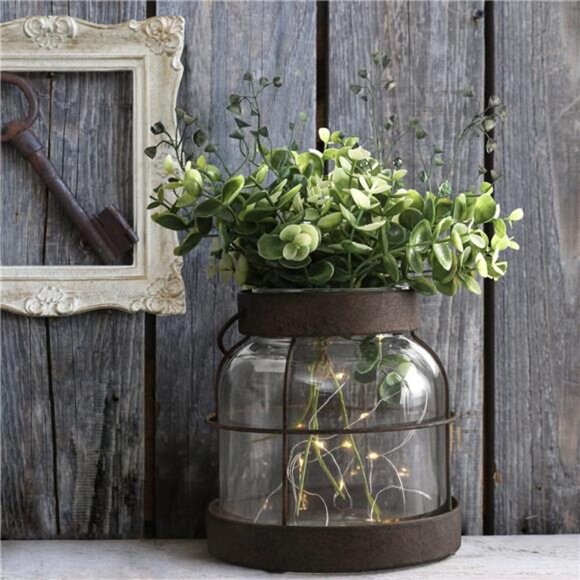 Vintage Glass Farmhouse Vase, Rustic Lantern Decor with Plants Flowers Lights - Picture 3 of 8